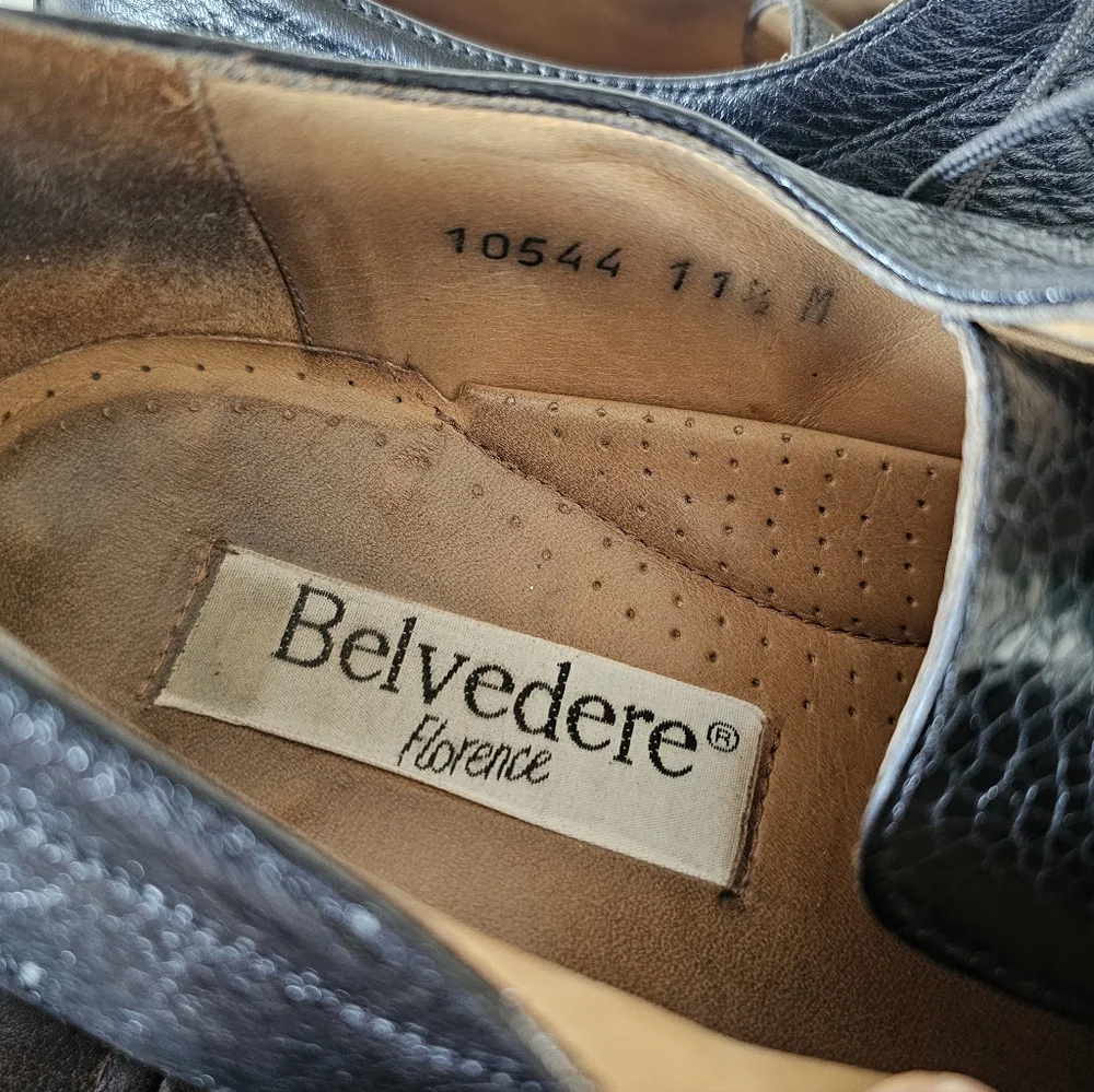 Belvedere Florence All Black Exotic‎ Leather Crocodile Oxford Shoes Sz 11.5M